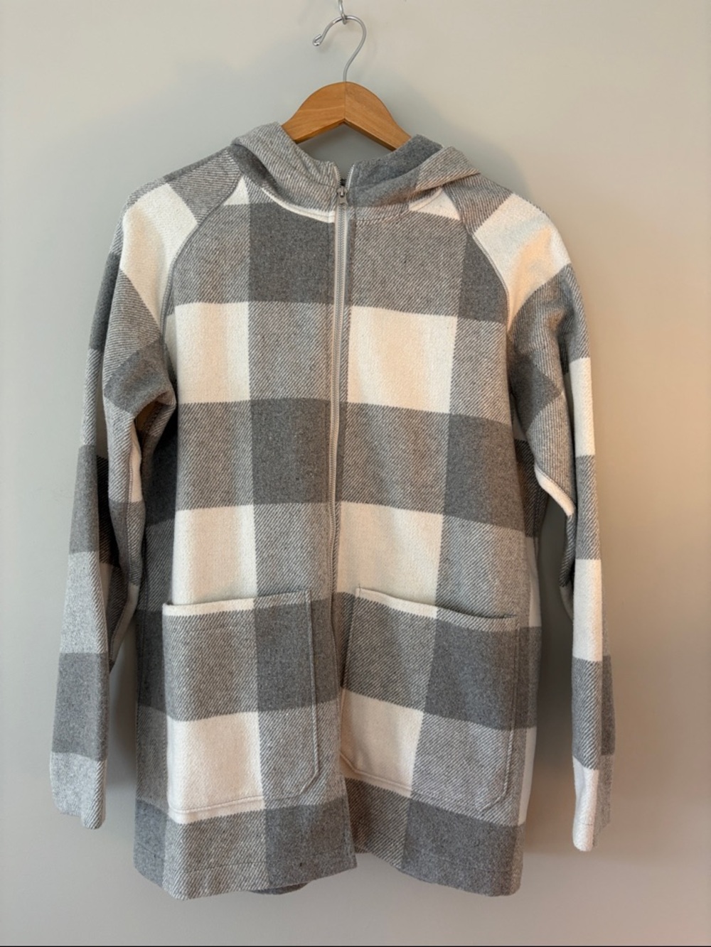 Gray & White Plaid Hooded Zip-Up Coat